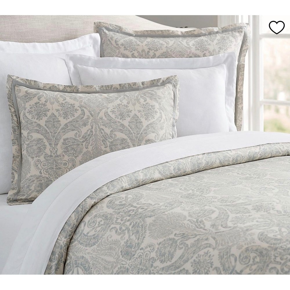 Pottery Barn Samantha Damask Sateen Duvet Cover Blue White Cotton Full Queen